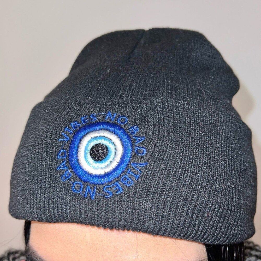 NO BAD VIBES EVIL EYE BLACK BEANIE